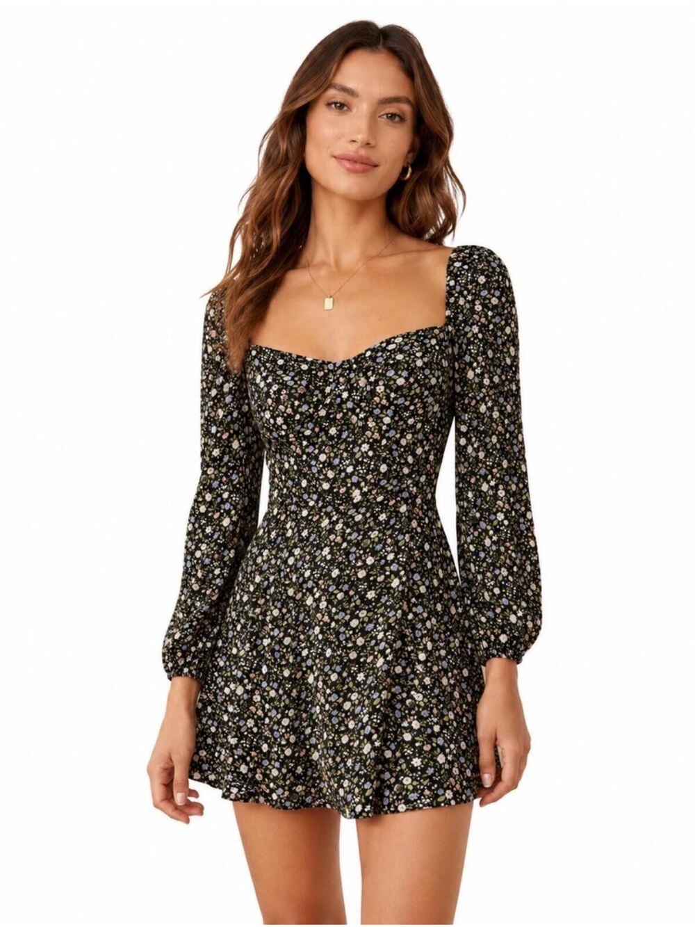 Reformation Black Sweetheart Long-Sleeve Mini Dress Mochi Ditsy Floral